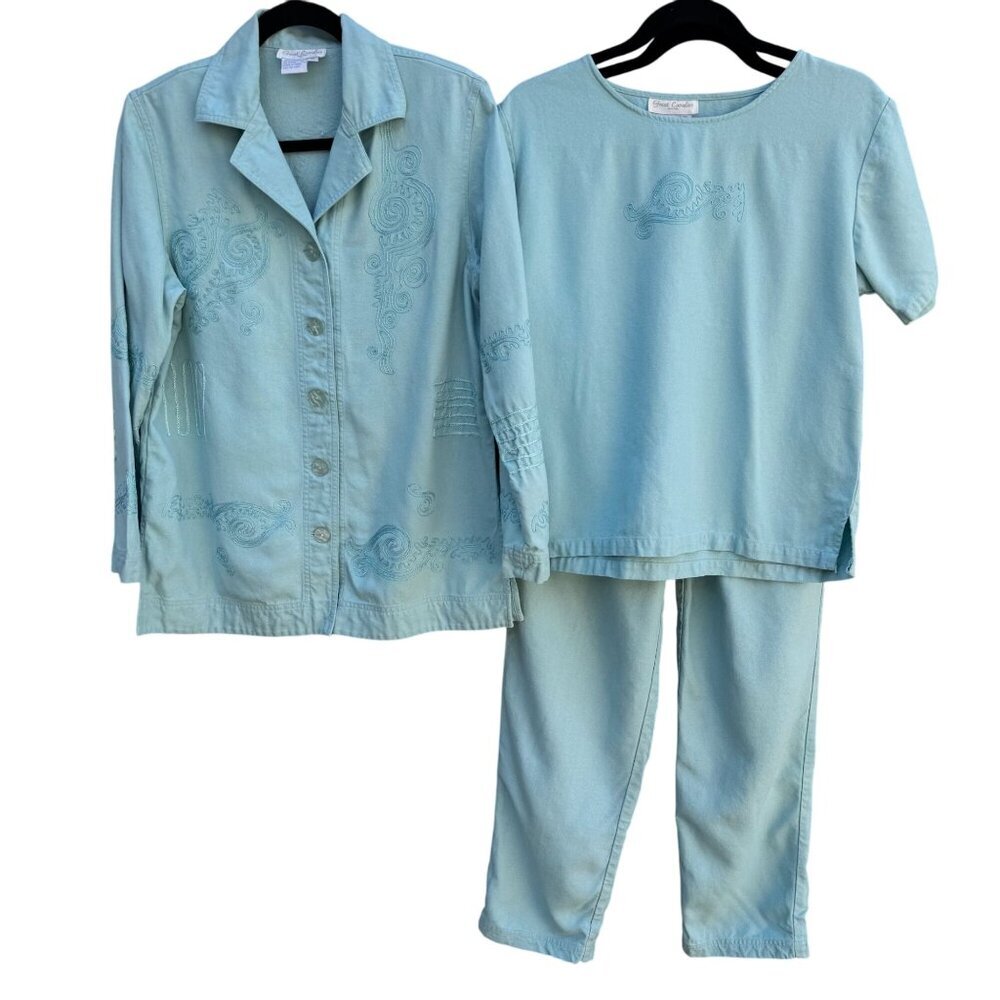 Great Cavalier Vintage Blue Embroidered Jacket Shirt Pant Set Size S 100%‎ Silk